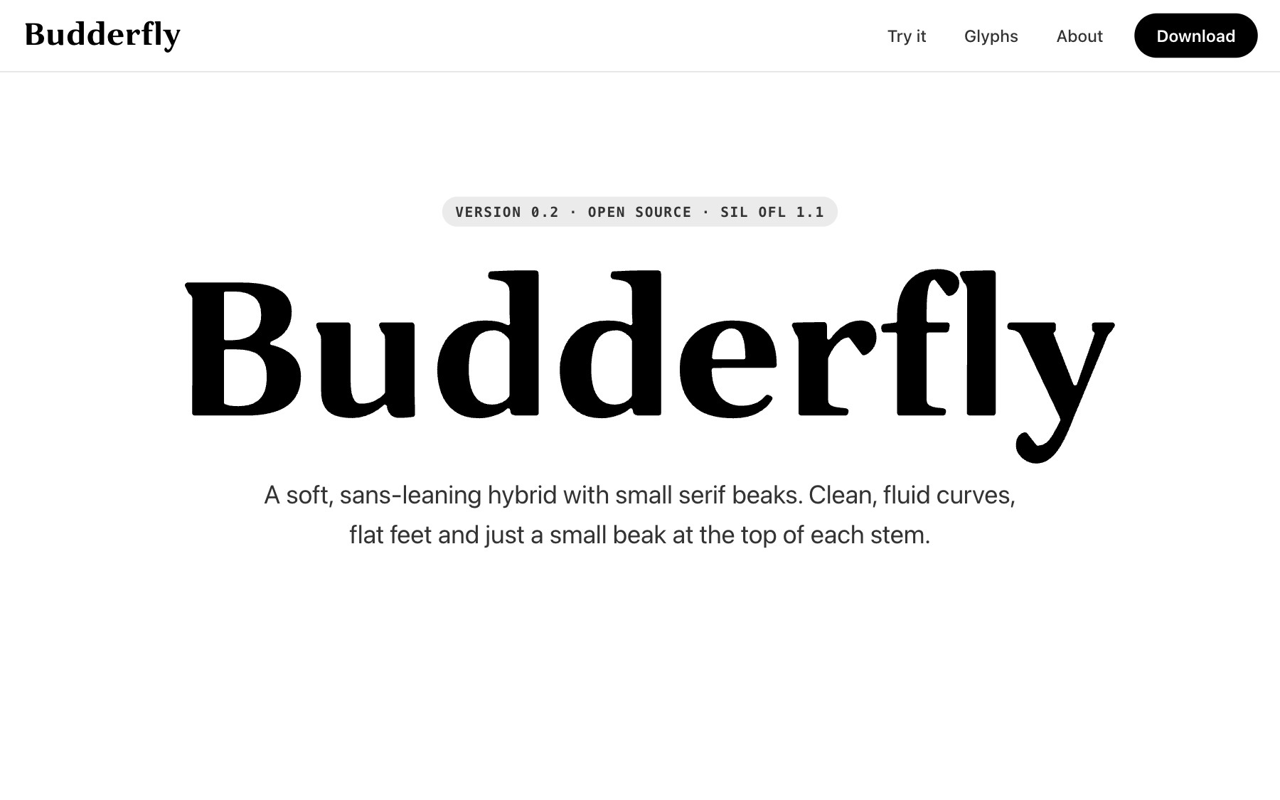 Budderfly Font: a smooth, sans-leaning hybrid serif typeface, free and open source